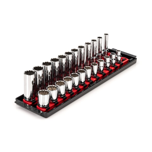 3/8 Inch Drive 12-Point Socket Set with Rails, 24-Piece (8-19 mm)